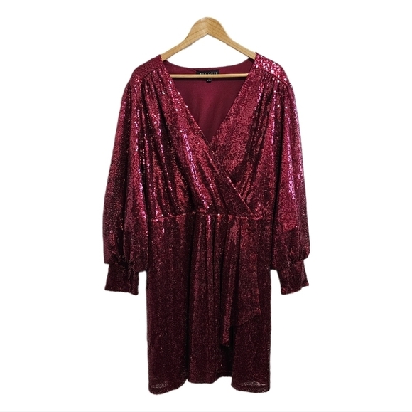 Eloquii cherry burgundy red sequins puff long sleeve v-neck midi wrap dress 20 - Picture 2 of 15